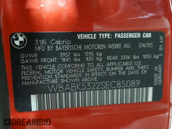 1995 BMW 3 Series 318i z VIN WBABK5322SEC85089, wystawiony jako Copart lot #58808065 z przebiegiem 79 477 mil mil oraz Szkoda całkowita • Salvage title. Historia ofert i sprzedaży dostępna na DreamBid. Obrazek 12.