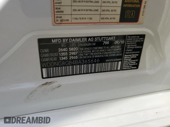 2011 Mercedes-Benz S 550 with VIN WDDNG8GB4BA365646, listed as a Copart auction lot 52162925 with 106,805 mi miles and Salvage Title. Bid and sale history available at DreamBid. Image 14.
