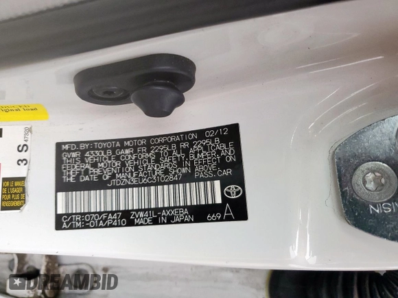 2012 Toyota Prius Two with VIN JTDZN3EU6C3102847, listed as a Copart auction lot 54197125 with 106,973 mi miles and Salvage Title. Bid and sale history available at DreamBid. Image 12.