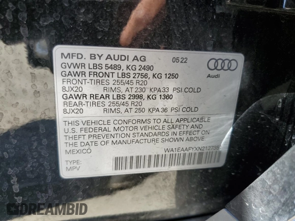 2022 Audi Q5 S line Premium Plus with VIN WA1EAAFYXN2127351, listed as a Copart auction lot 58170194 with 40,565 mi miles and Salvage title. Bid and sale history available at DreamBid. Image 13.