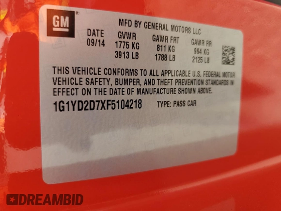 2015 Chevrolet Corvette 2LT with VIN 1G1YD2D7XF5104218, listed as a Copart auction lot 56056945 with 42,300 mi miles and Salvage title. Bid and sale history available at DreamBid. Image 12.