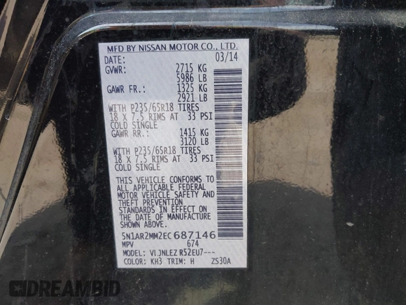 2014 Nissan Pathfinder Platinum with VIN 5N1AR2MM2EC687146, listed as a IAAI auction lot 42079494 with 84,809 mi miles and . Bid and sale history available at carsss.com. Image 9.