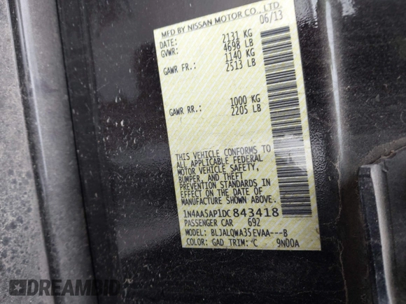 2013 Nissan Maxima SV with VIN 1N4AA5AP1DC843418, listed as a IAAI auction lot 41513744 with 105,881 mi miles and . Bid and sale history available at DreamBid. Image 9.