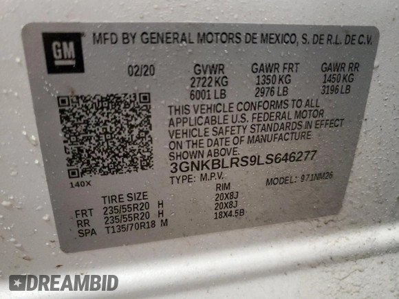 2020 Chevrolet Blazer Premier with VIN 3GNKBLRS9LS646277, listed as a Copart auction lot 43941815 with 67,967 mi miles and Non repairable. Bid and sale history available at DreamBid. Image 16.