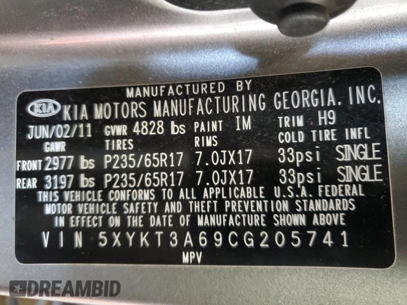2012 Kia Sorento LX with VIN 5XYKT3A69CG205741, listed as a Copart auction lot 54657155 with 178,794 mi miles and Salvage Title. Bid and sale history available at DreamBid. Image 13.