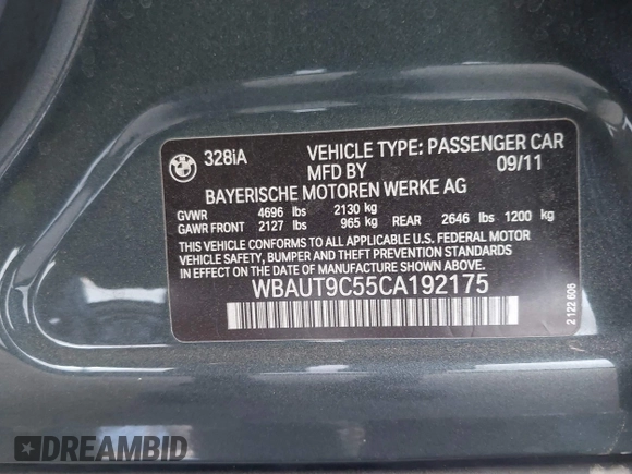 2012 BMW 3 Series 328i with VIN WBAUT9C55CA192175, listed as a IAAI auction lot 42620805 with 80,320 mi miles and . Bid and sale history available at DreamBid. Image 9.