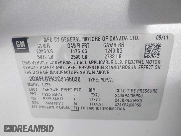 2012 Chevrolet Equinox LTZ with VIN 2GNFLGEK3C6146030, listed as a IAAI auction lot 42051165 with 189,315 mi miles and . Bid and sale history available at DreamBid. Image 9.