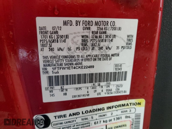 2012 Ford F-150 XL with VIN 1FTFW1ET4CKE22489, listed as a Copart auction lot 51338375 with 244,955 mi miles and Salvage Title. Bid and sale history available at DreamBid. Image 13.