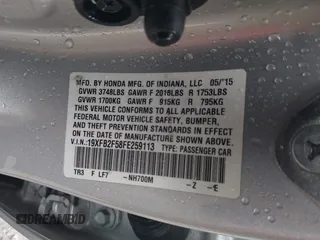 2015 Honda Civic LX with VIN 19XFB2F58FE259113, listed as a IAAI auction lot 42160013 with Not provided miles and . Bid and sale history available at DreamBid. Image 9.