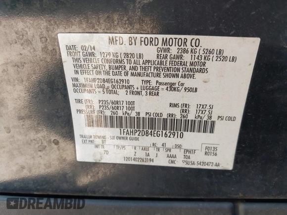 2014 Ford Taurus SE z VIN 1FAHP2D84EG162910, wystawiony jako IAAI lot #41779137 z przebiegiem Nie podano mil oraz . Historia ofert i sprzedaży dostępna na DreamBid. Obrazek 9.