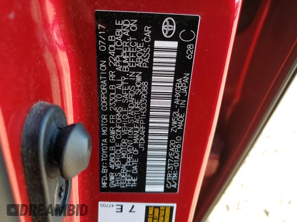 2017 Toyota Prius Plus with VIN JTDKARFP1H3039088, listed as a Copart auction lot 48386235 with Not Provided miles and Salvage Title. Bid and sale history available at DreamBid. Image 13.