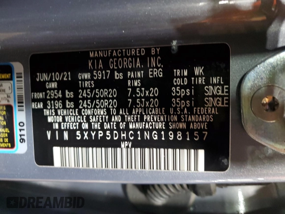 2022 Kia Telluride SX with VIN 5XYP5DHC1NG198157, listed as a Copart auction lot 62255655 with 71,508 mi miles and Salvage title. Bid and sale history available at DreamBid. Image 14.