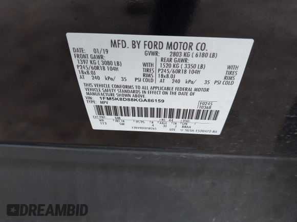 2019 Ford Explorer XLT с VIN 1FM5K8D88KGA86159, выставлен на аукционе IAAI как лот 42513369 с пробегом 52 614 миль миль и . История ставок и продаж доступна на DreamBid. Изображение 9.