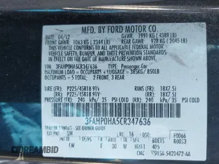 2012 Ford Fusion SE z VIN 3FAHP0HA5CR347636, wystawiony jako IAAI lot #42184462 z przebiegiem 211 804 mil mil oraz . Historia ofert i sprzedaży dostępna na DreamBid. Obrazek 9.