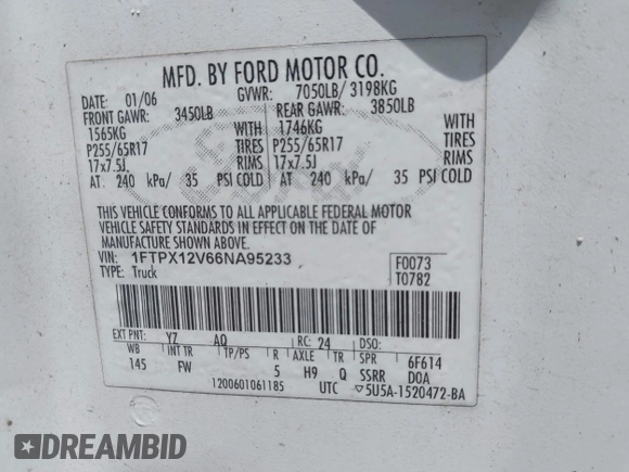 2006 Ford F-150 XL with VIN 1FTPX12V66NA95233, listed as a IAAI auction lot 42438729 with 456,788 mi miles and . Bid and sale history available at DreamBid. Image 9.