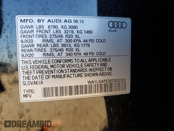 2014 Audi Q7 Premium Plus with VIN WA1LGAFE3ED002322, listed as a Copart auction lot 61565425 with 146,166 mi miles and Salvage title. Bid and sale history available at DreamBid. Image 14.