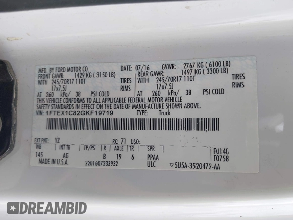 2016 Ford F-150 XL with VIN 1FTEX1C82GKF19719, listed as a IAAI auction lot 42194417 with 117,207 mi miles and . Bid and sale history available at DreamBid. Image 9.