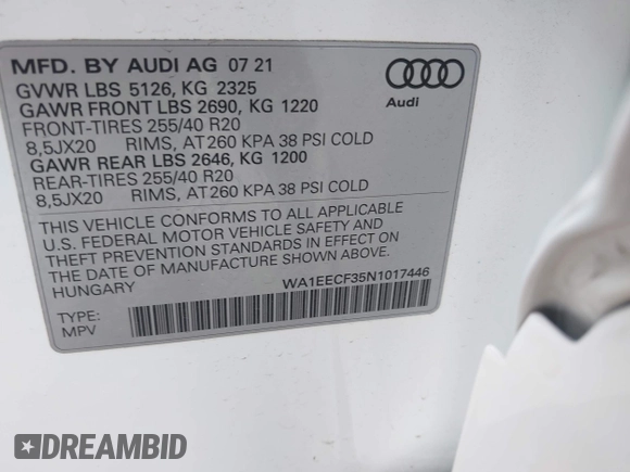 2022 Audi Q3 S line Premium Plus with VIN WA1EECF35N1017446, listed as a IAAI auction lot 42083430 with 37,713 mi miles and . Bid and sale history available at DreamBid. Image 9.