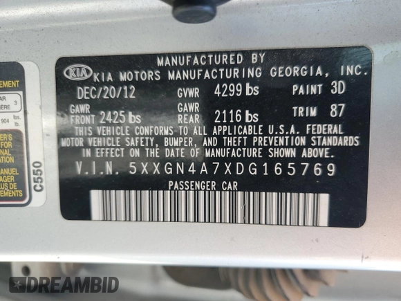 2013 Kia Optima EX with VIN 5XXGN4A7XDG165769, listed as a Copart auction lot 56940625 with 146,517 mi miles and Clean title. Bid and sale history available at DreamBid. Image 12.