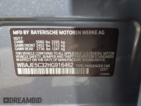 2017 BMW 5 Series 540i with VIN WBAJE5C32HG916462, listed as a IAAI auction lot 42031146 with Not Provided miles and . Bid and sale history available at carsss.com. Image 9.