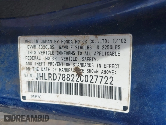 2002 Honda CR-V EX with VIN JHLRD78822C027722, listed as a IAAI auction lot 42120291 with 479,642 mi miles. Bid and sale history available at carsss.com. Image 9.