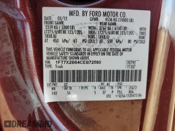 2012 Ford F-250 XL with VIN 1FT7X2B64CEB72580, listed as a Copart auction lot 56903305 with 78,816 mi miles and Salvage title. Bid and sale history available at DreamBid. Image 12.
