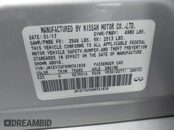 2017 Infiniti Q50 3.0t Premium with VIN JN1EV7APXHM741839, listed as a IAAI auction lot 41260299 with 107,644 mi miles. Bid and sale history available at carsss.com. Image 9.