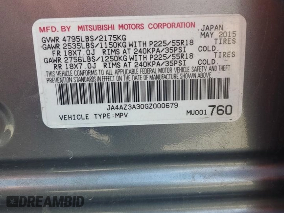 2016 Mitsubishi Outlander SE with VIN JA4AZ3A30GZ000679, listed as a Copart auction lot 61817885 with 81,316 mi miles and Salvage title. Bid and sale history available at DreamBid. Image 13.