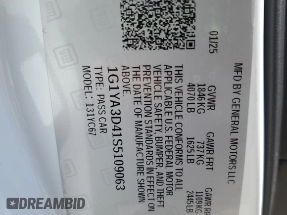 2025 Chevrolet Corvette 1LT with VIN 1G1YA3D41S5109063, listed as a Copart auction lot 53582085 with 686 mi miles and Salvage title. Bid and sale history available at DreamBid. Image 13.