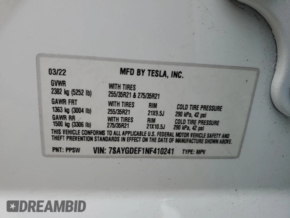 2022 Tesla Model Y Performance with VIN 7SAYGDEF1NF410241, listed as a Copart auction lot 55359505 with 42,652 mi miles and Salvage Title. Bid and sale history available at DreamBid. Image 13.
