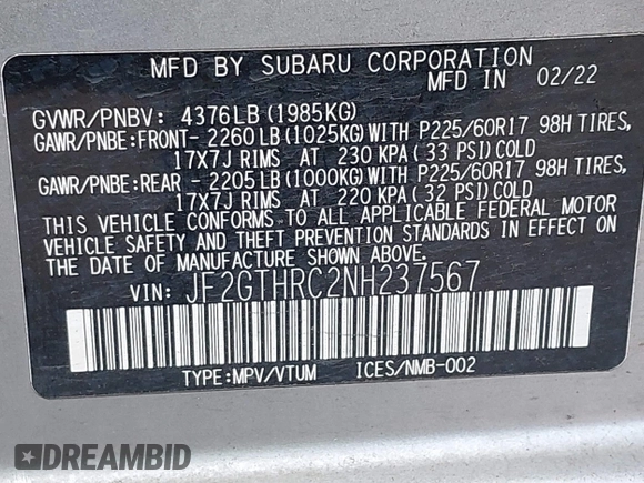 2022 Subaru Crosstrek Special Sports with VIN JF2GTHRC2NH237567, listed as a IAAI auction lot 42500384 with 26,959 mi miles and . Bid and sale history available at DreamBid. Image 9.