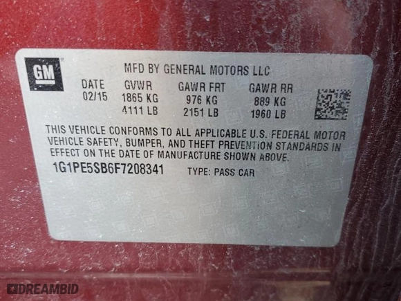 2015 Chevrolet Cruze LT with VIN 1G1PE5SB6F7208341, listed as a Copart auction lot 49907985 with 154,538 mi miles and Salvage Title. Bid and sale history available at carsss.com. Image 14.