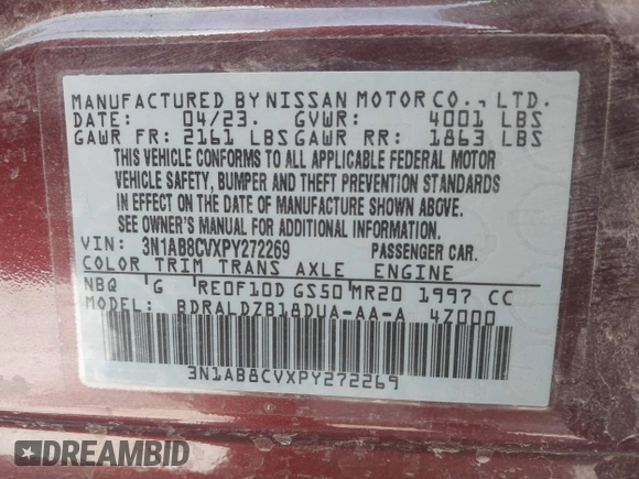 2023 Nissan Sentra SV with VIN 3N1AB8CVXPY272269, listed as a IAAI auction lot 41719984 with 46,777 mi miles. Bid and sale history available at carsss.com. Image 9.