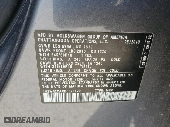 2019 Volkswagen Atlas SE z VIN 1V2WR2CAXKC576470, wystawiony jako Copart lot #71994514 z przebiegiem 114 029 mil mil oraz Szkoda całkowita • Salvage title. Historia ofert i sprzedaży dostępna na DreamBid. Obrazek 14.