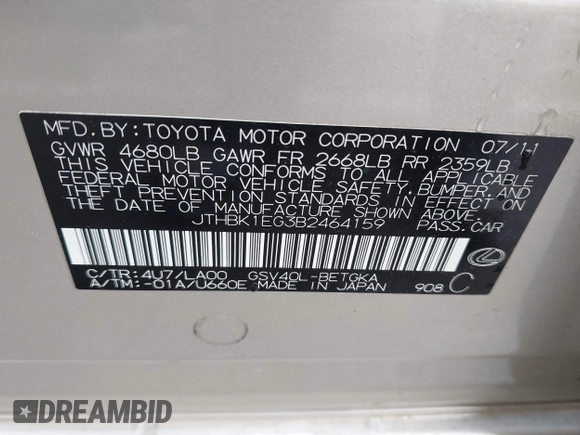 2011 Lexus ES with VIN JTHBK1EG3B2464159, listed as a IAAI auction lot 42040651 with 162,261 mi miles. Bid and sale history available at carsss.com. Image 9.