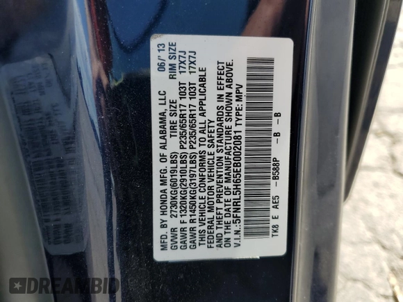 2014 Honda Odyssey EX-L with VIN 5FNRL5H65EB002081, listed as a Copart auction lot 53695675 with 138,769 mi miles and Salvage Title. Bid and sale history available at carsss.com. Image 13.