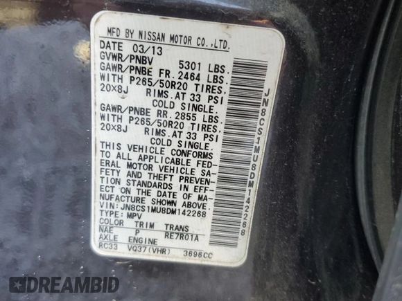 2013 Infiniti FX with VIN JN8CS1MU8DM142268, listed as a Copart auction lot 49407675 with 123,836 mi miles and Salvage Title. Bid and sale history available at carsss.com. Image 13.