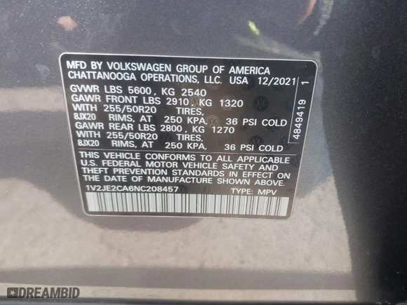2022 Volkswagen Atlas Cross Sport 3.6L V6 SE w/Technology with VIN 1V2JE2CA6NC208457, listed as a IAAI auction lot 40999391 with 40,409 mi miles. Bid and sale history available at carsss.com. Image 9.