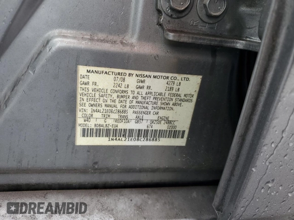2008 Nissan Altima 2.5 with VIN 1N4AL21E08C286885, listed as a Copart auction lot 52496615 with 266,953 mi miles and Clean Title. Bid and sale history available at carsss.com. Image 12.