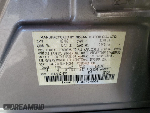 2008 Nissan Altima 2.5 with VIN 1N4AL21E18N494004, listed as a Copart auction lot 50363465 with 158,390 mi miles and Salvage Title. Bid and sale history available at carsss.com. Image 13.