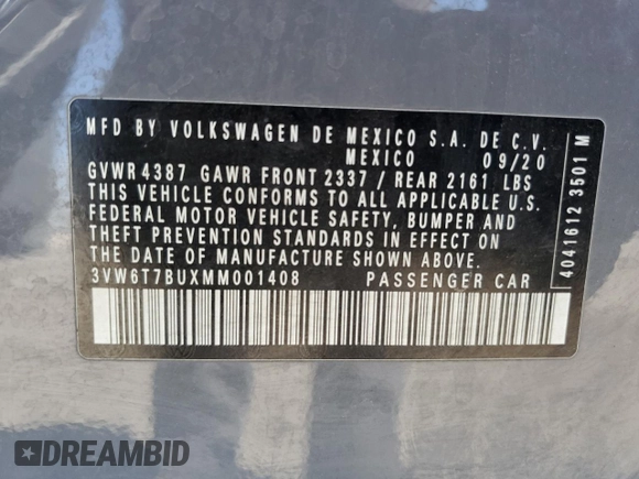 2021 Volkswagen Jetta GLI S с VIN 3VW6T7BUXMM001408, выставлен на аукционе Copart как лот 50454605 с пробегом 73 434 миль миль и Списание • Salvage title. История ставок и продаж доступна на DreamBid. Изображение 13.