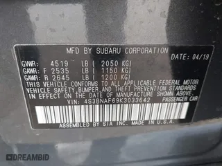 2019 Subaru Legacy Premium with VIN 4S3BNAF69K3033642, listed as a IAAI auction lot 41599280 with 21,735 mi miles. Bid and sale history available at carsss.com. Image 9.