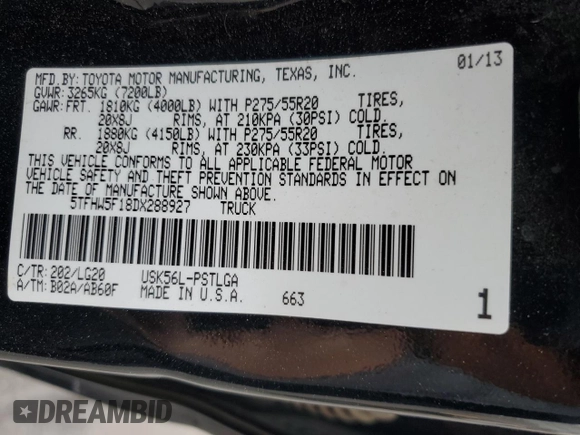 2013 Toyota Tundra Limited with VIN 5TFHW5F18DX288927, listed as a Copart auction lot 61373495 with 141,642 mi miles and Salvage title. Bid and sale history available at DreamBid. Image 12.