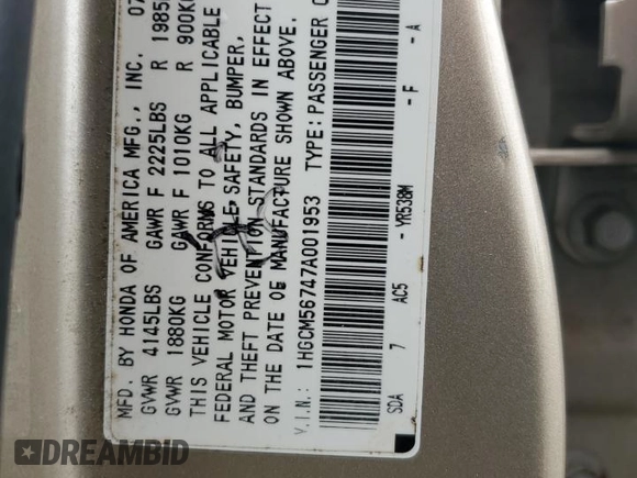 2007 Honda Accord EX с VIN 1HGCM56747A001953, выставлен на аукционе Copart как лот 59899005 с пробегом 157 143 миль миль и Чистый • Clean title. История ставок и продаж доступна на DreamBid. Изображение 12.
