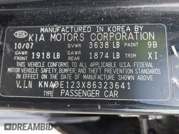 2008 Kia Rio LX with VIN KNADE123X86323641, listed as a IAAI auction lot 41985631 with 175,102 mi miles and . Bid and sale history available at DreamBid. Image 9.