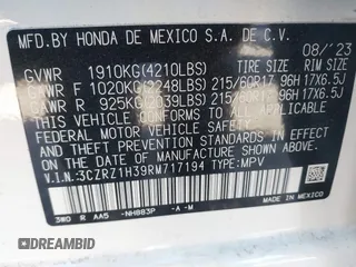 2024 Honda HR-V LX with VIN 3CZRZ1H39RM717194, listed as a IAAI auction lot 41222734 with 11,814 mi miles. Bid and sale history available at carsss.com. Image 9.