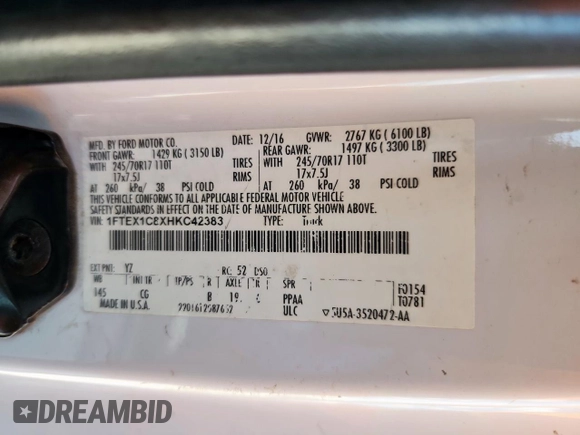 2017 Ford F-150 XL z VIN 1FTEX1C8XHKC42383, wystawiony jako Copart lot #61959955 z przebiegiem 163 055 mil mil oraz Szkoda całkowita • Salvage title. Historia ofert i sprzedaży dostępna na DreamBid. Obrazek 13.