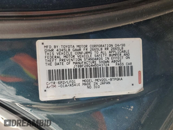 1998 Lexus ES 300 z VIN JT8BF28G4W5043724, wystawiony jako Copart lot #44194005 z przebiegiem 234 200 mil mil oraz Czysty tytuł • Clean title. Historia ofert i sprzedaży dostępna na DreamBid. Obrazek 12.
