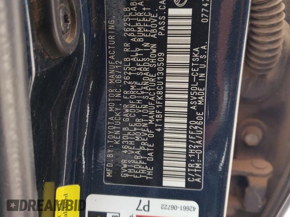 2012 Toyota Camry L with VIN 4T1BF1FK8CU130509, listed as a Copart auction lot 53017135 with 200,069 mi miles and Salvage Title. Bid and sale history available at carsss.com. Image 15.