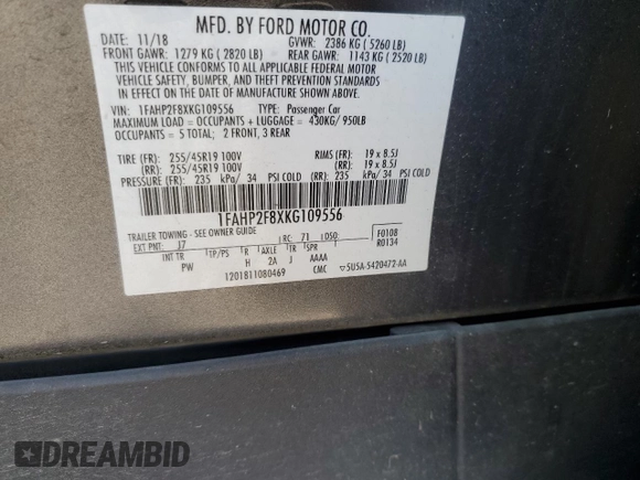 2019 Ford Taurus Limited z VIN 1FAHP2F8XKG109556, wystawiony jako Copart lot #54438905 z przebiegiem 73 577 mil mil oraz Nie do naprawy • Non repairable. Historia ofert i sprzedaży dostępna na DreamBid. Obrazek 13.